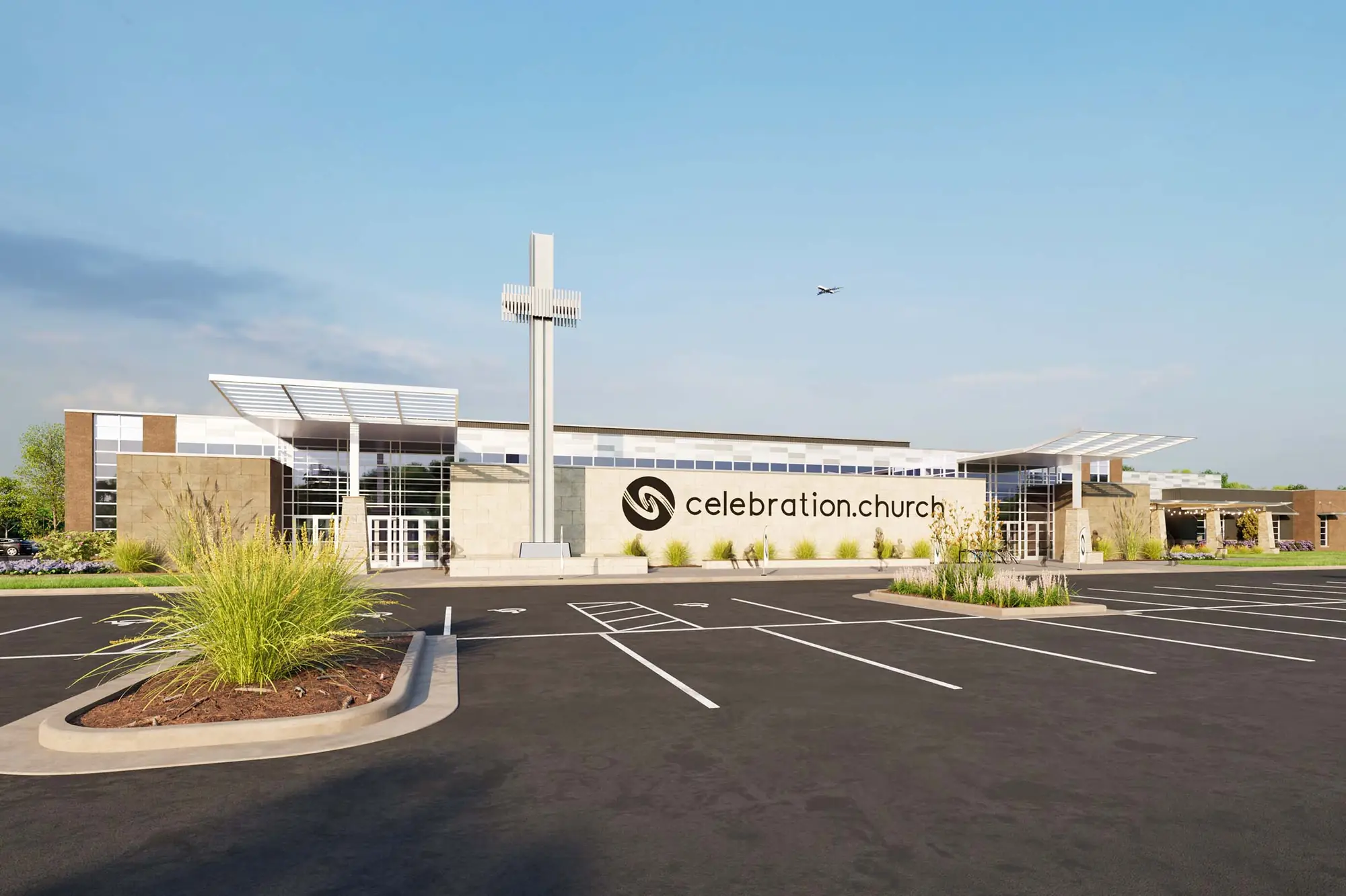 Exterior of Celebration with its cross and entry canopy