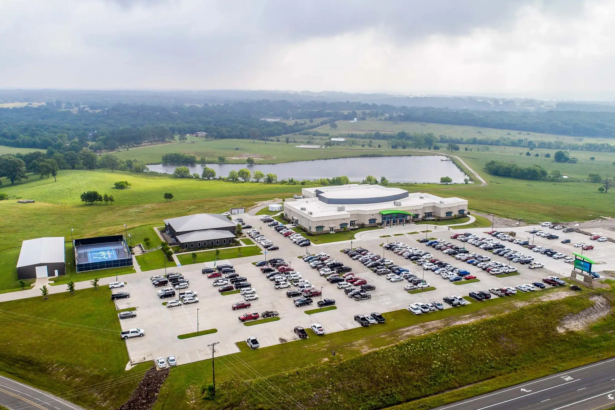 Aerial view of the Life Fellowship campus and parking